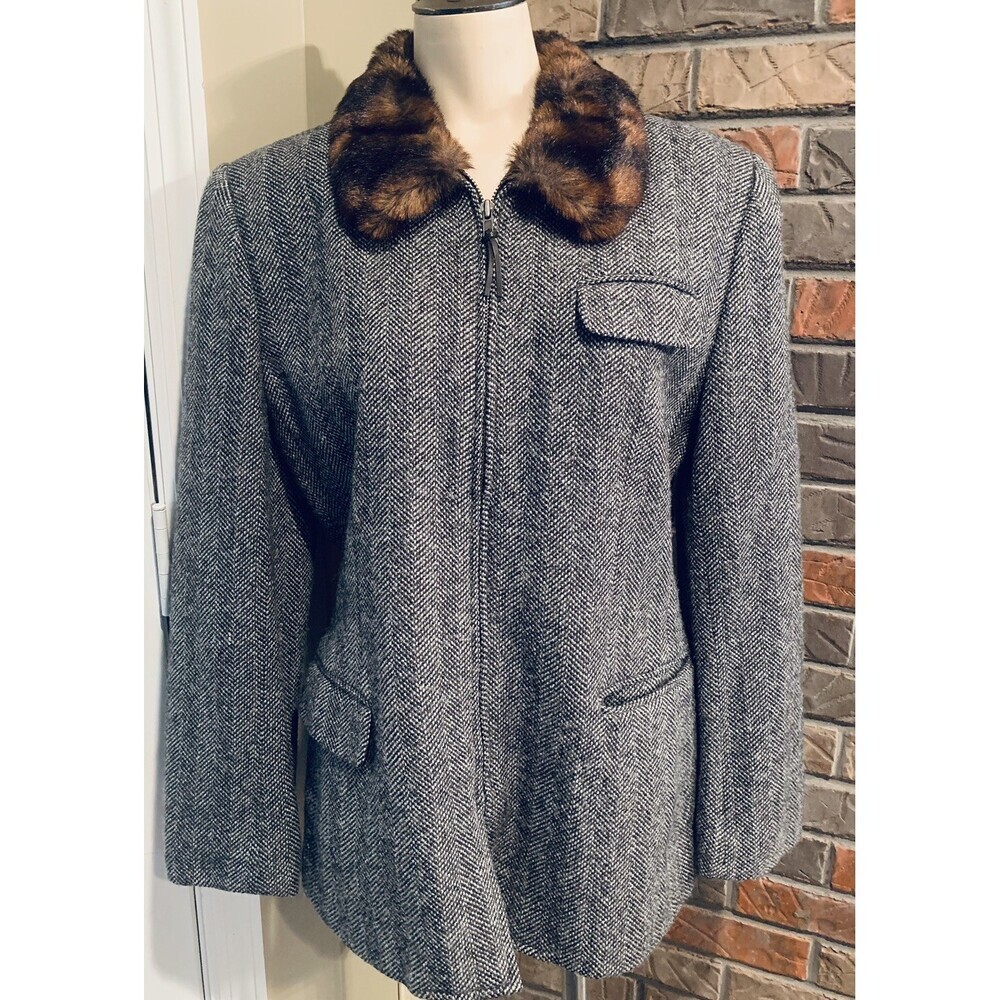 Lauren Ralph Lauren Full Zip Tweed Wool/Silk Faux Fur Collar Blazer Jacket  SZ10